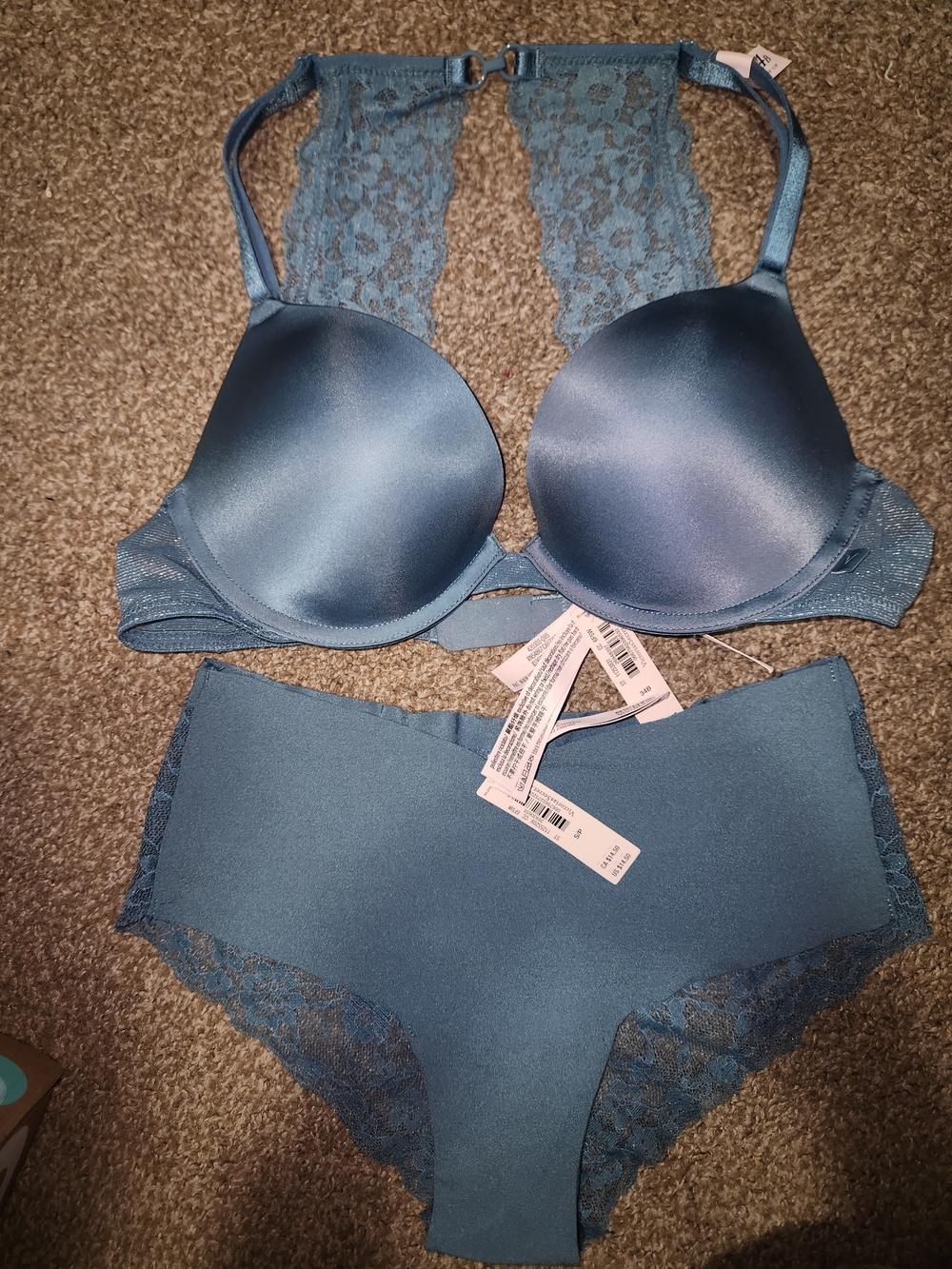 NWT Victoria's Secret Blue Lace-Back Push Up  Bra 34B  and Panty Size S